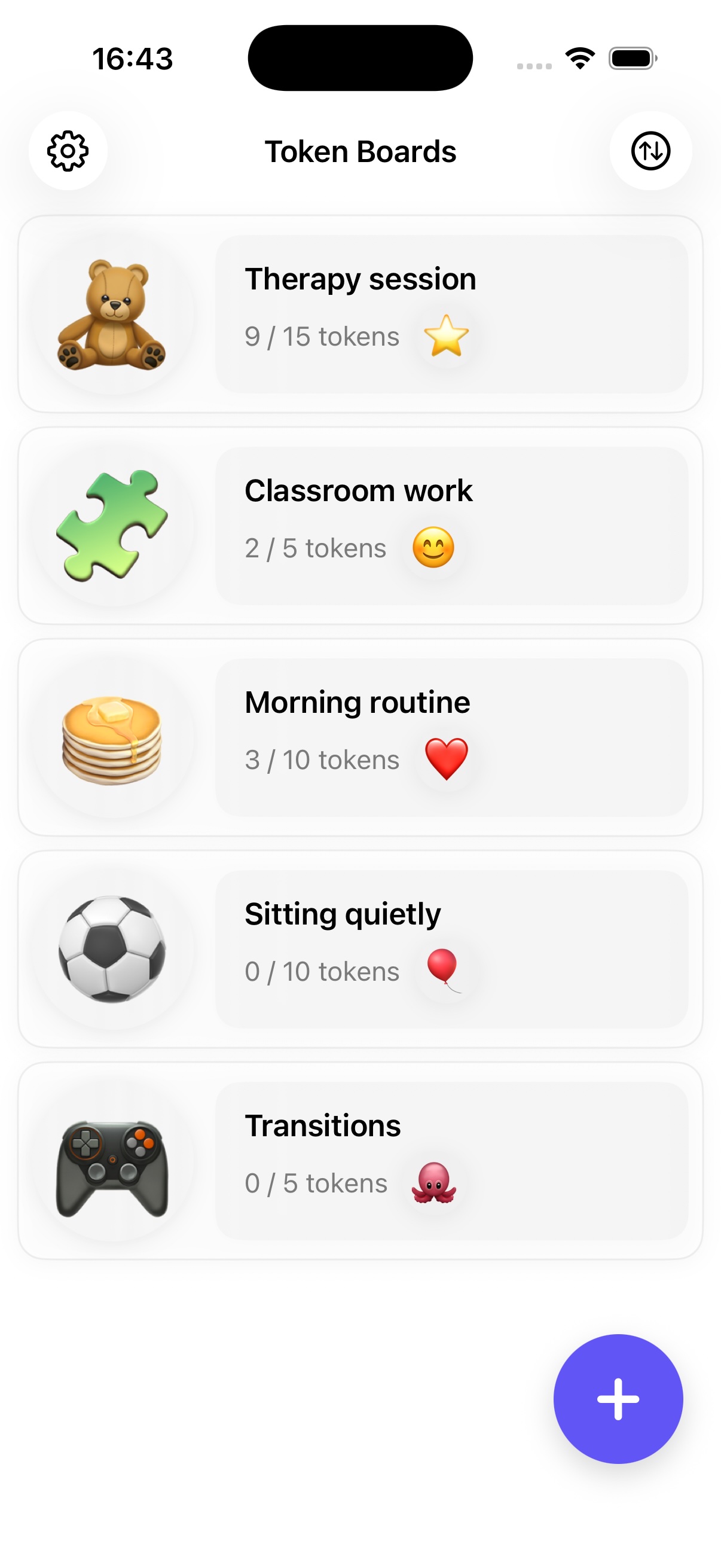 ABA Token Board app screenshot: choosing from over 40 kid-friendly token icons